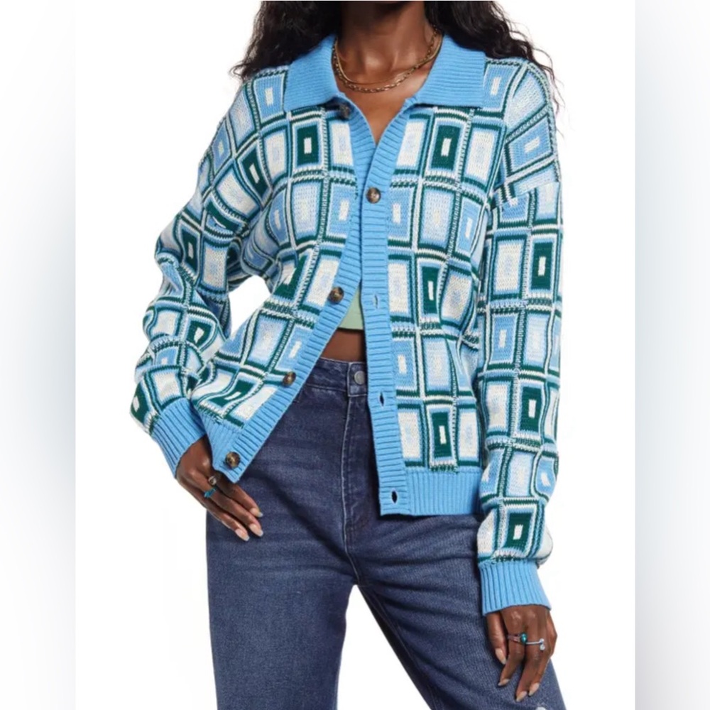 BP Geo Pattern Cotton Button Up Cardigan in Blue Multi Retro Square Size Small